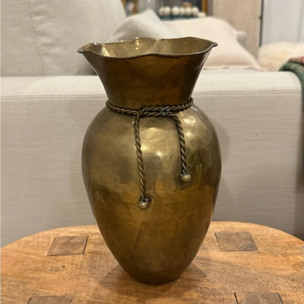 Vintage Large Hammered Brass Vase Ruffled Rim Brass Tassels 11”